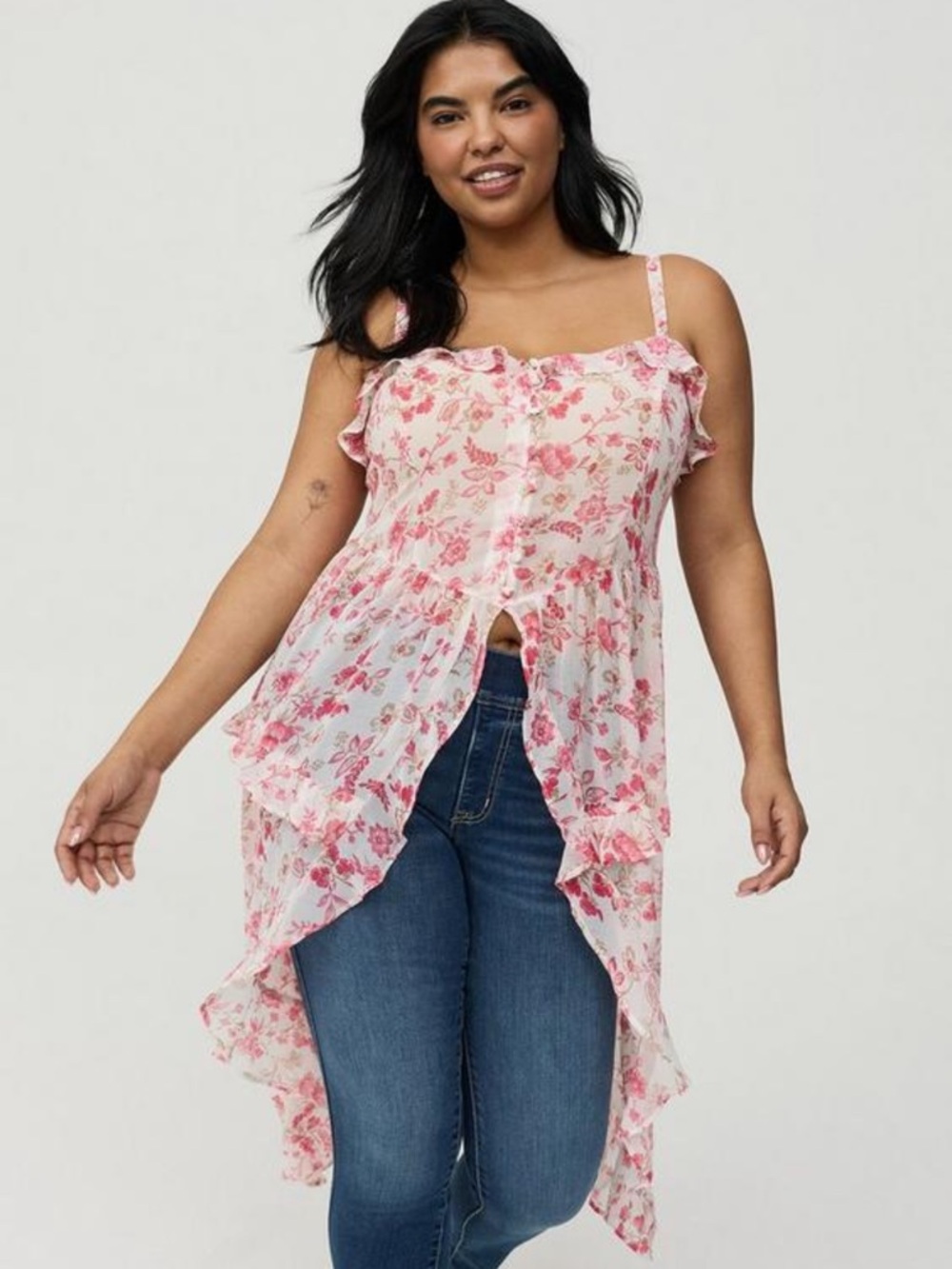Pink Floral High-Low Ruffled Tank Top - Picture 2 of 8